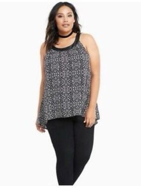 Torrid Black & White Floral Halter Swing Tank Faux Leather Trim Plus Size